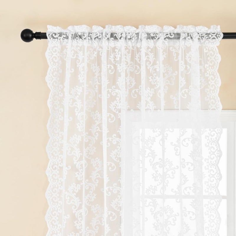 FOLKSIDE White Lace Curtains 102 Inches Long 2 Panels Paisley Floral Sheer Curtains for Living Room Bedroom Rod Pocket Light Filtering Neutral Large Window Privacy Decor for Dining Room Hallway, 52x102 - Image 4